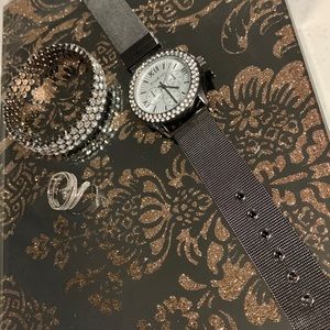 Brand new silver Bebe rhinestone watch with adjustable wrist and accent pieces